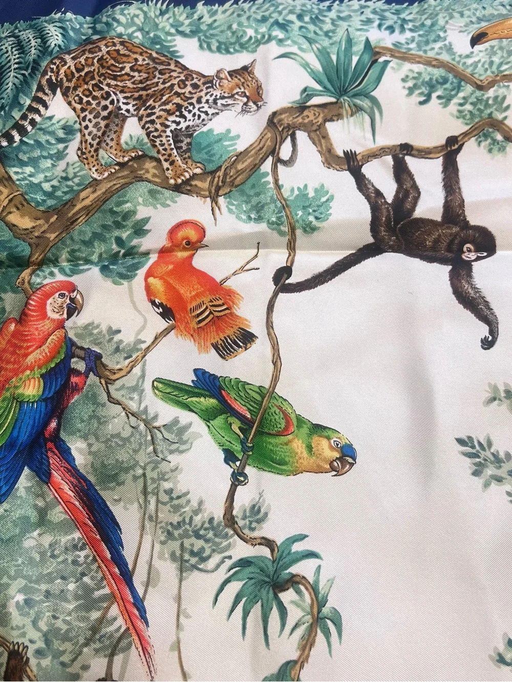 Hermes “ Equateur” Tropical Leaf and Navy 100% Silk Scarf - Picture 5 of 10